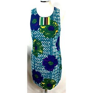 Vanessa Virginia Dress Blue Green Sz 6 Hibiscus Print Cotton Anthropologie